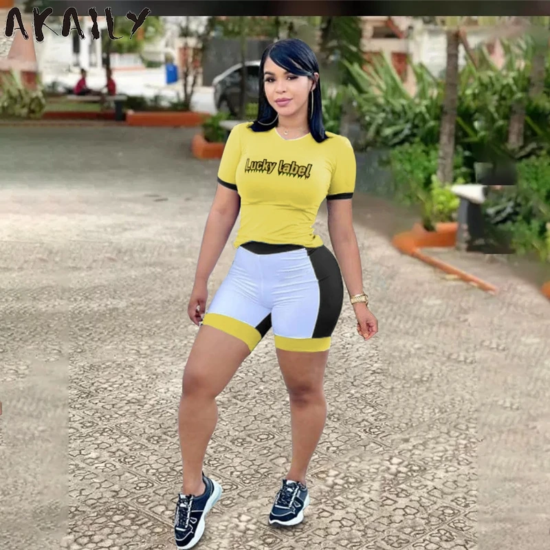 

Akaily Summer Letter Print Patchwork 2 Two Piece Tracksuit Sets Womens Bike Shorts Sets O Neck Short Sleeve Crop Top Shorts Sets