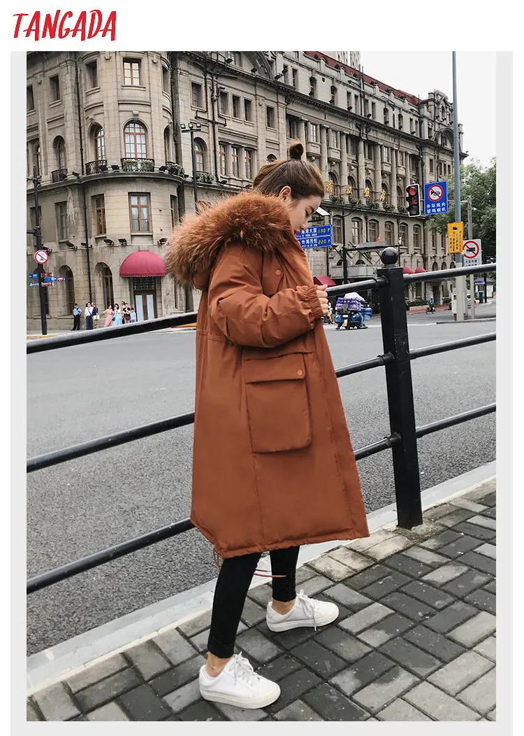 Tangada зимнее женское черное пальто с хлопковой подкладкой размера плюс 2XL длинная парка с меховым воротником пальто с капюшоном теплая верхняя одежда AMK11