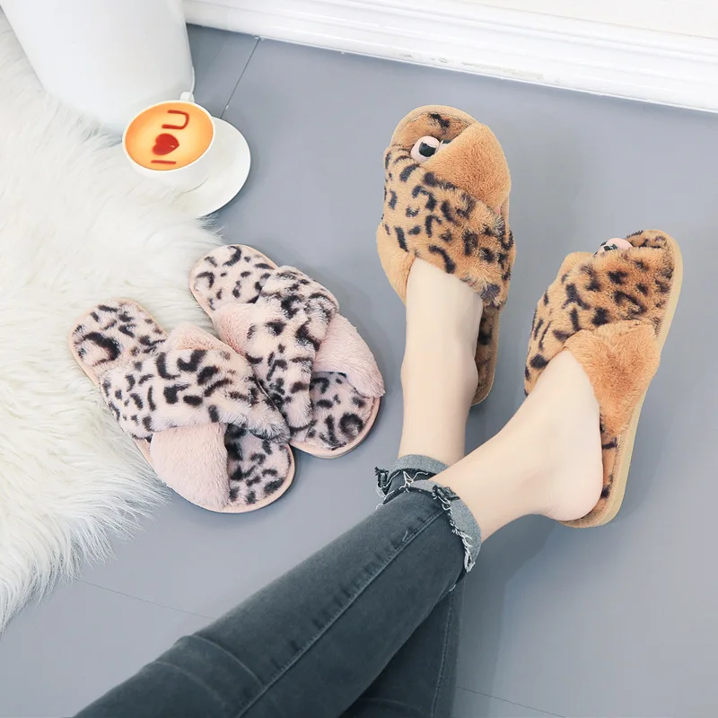 2021 Leopard Print Cross Design Plush Slippers Women Warm Fluffy Cozy Faux Fur New Flat Bottom Home Flip-flops | Обувь