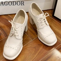 agodor lace up oxford pumps chunky high heel wingtip pumps shoes platform square toe casual women shoes ladies dress shoes