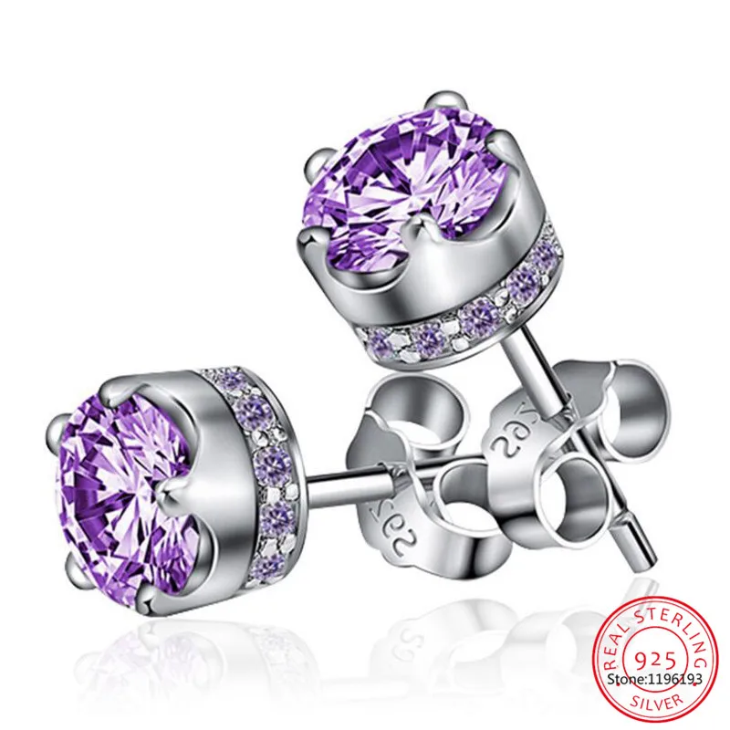 

Natural Purple Amethyst Stud Earrings For Women Real 925 Sterling Silver Crown Crystal Wedding Party Jewelry Earring