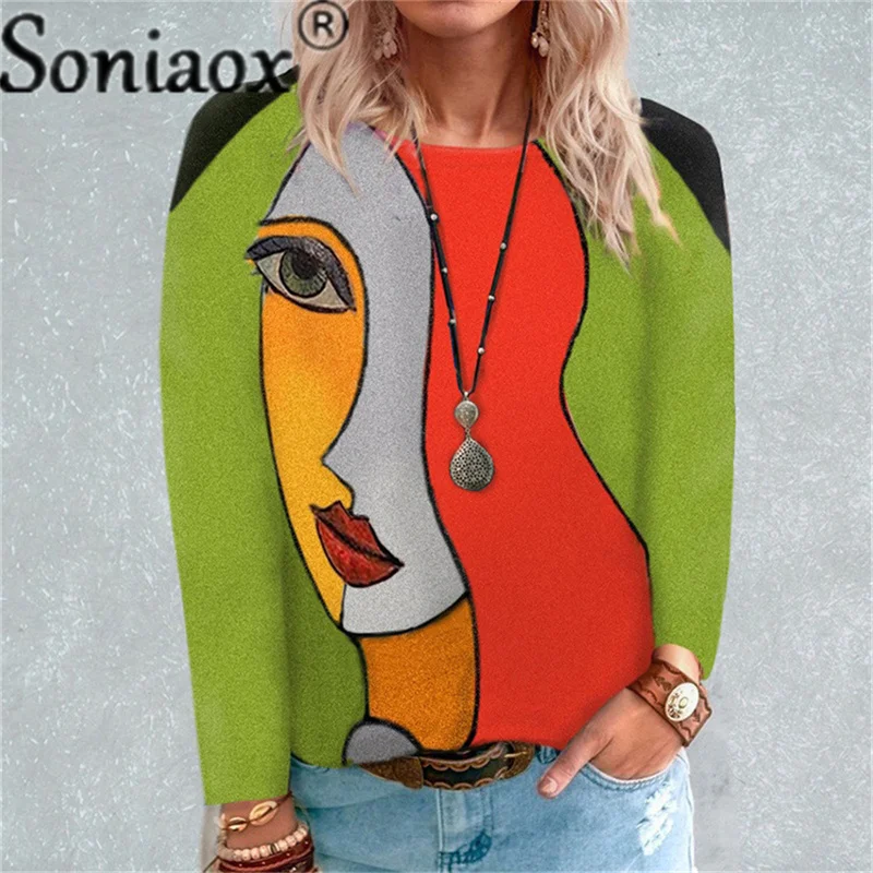 

Autumn Women Shirt Casual Tops Abstract Face Print T Shirt O Neck Long Sleeve Loose Long T-Shirt Elegant Shirt Ladies
