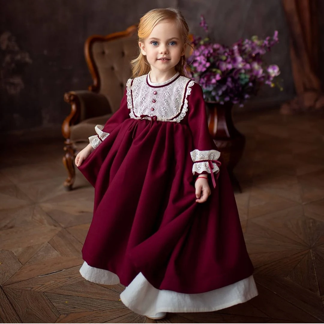 

0-12Y Baby Girl Autumn Winter Lace Wine Red Burgundy Long Dress for Christmas Birthday