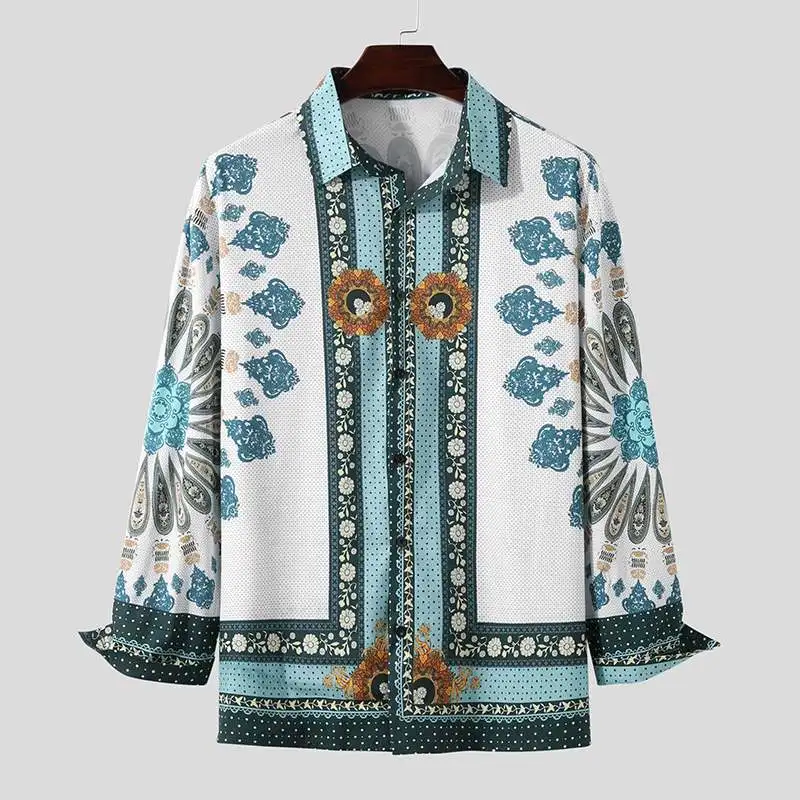 

New men's casual retro Hawaiian long-sleeve shirt fashion flowers 3D printed lapel casual single-breasted shirt