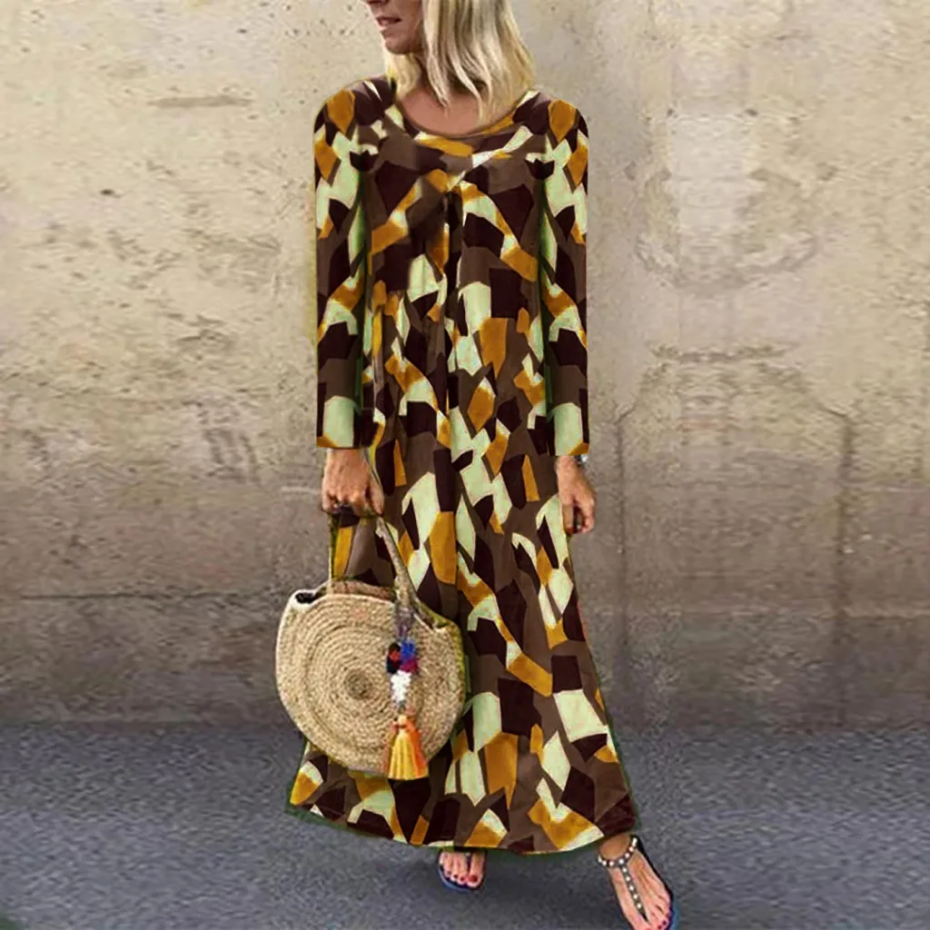 MISSOMO Maxi Dress Women Casual Plus Size vestidos Cotton Linen Print Long Sleeve Loose Boho robe femme vintage 815 | Женская одежда