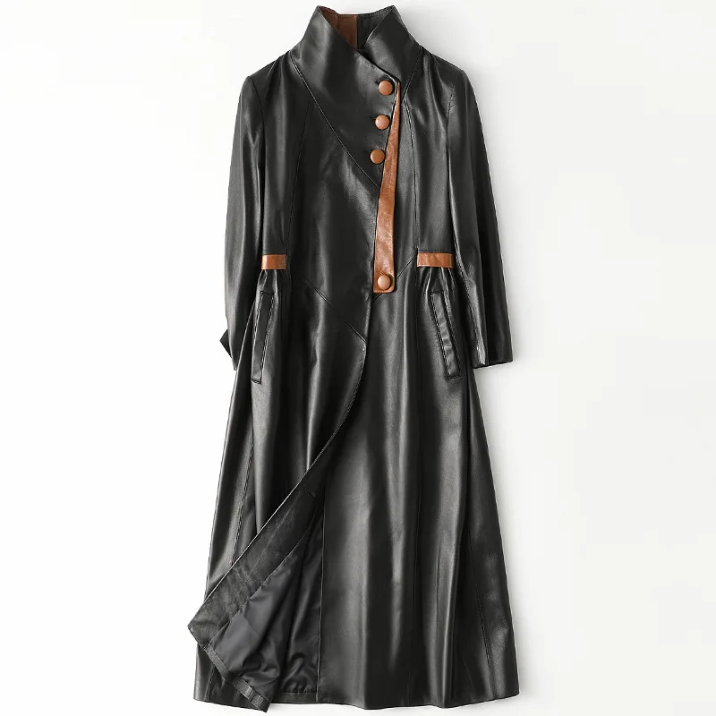 Women's Black Real Leather Long Windbreaker High End 2021 Spring New Sheepskin Coat Half Sleeves Classic Loose Office Jacket