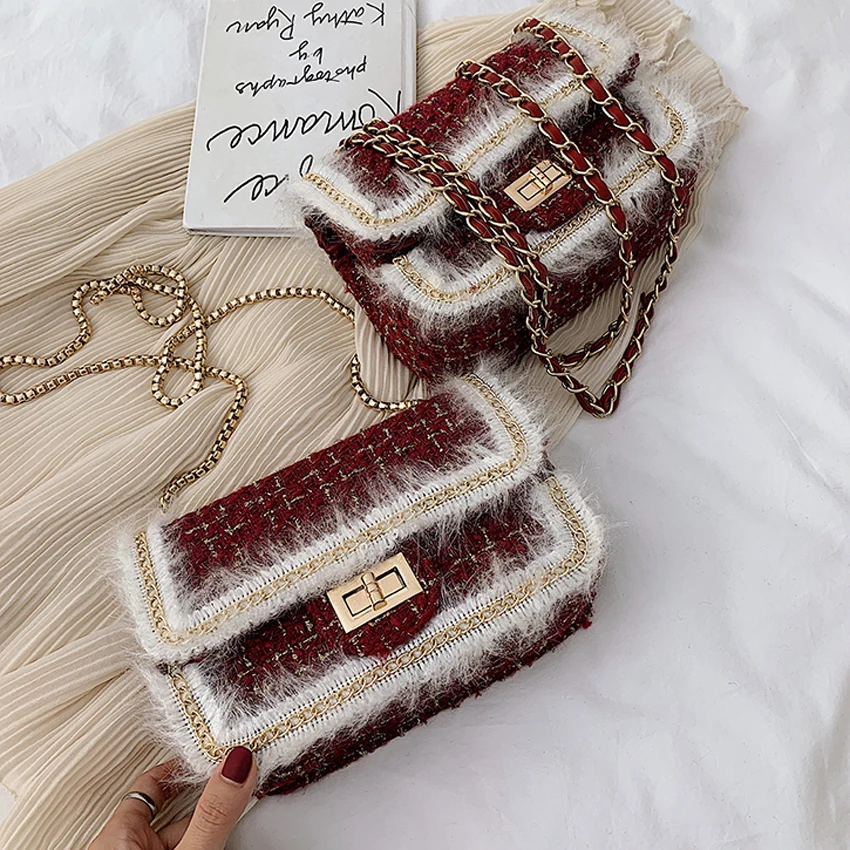 

TOYOOSKY Woolen Crossbody Bags For Women 2019 Winter Luxury Handbags Designer Small Women Messenger Bags Wool Fur Purse Bolsa