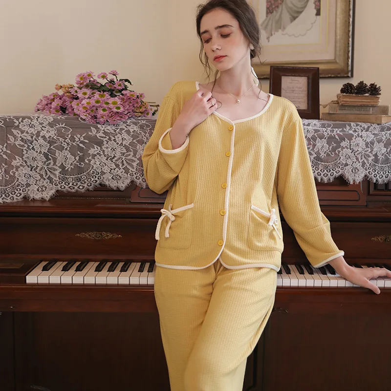 

Cotton Pajamas for Women Spring/Autumn Long Sleeve Trousers Loose Plus Size Nightwear Round Neck Simple Comfortable Pijama Sets
