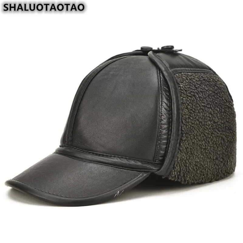

SHALUOTAOTAO New Fashion Sheepskin Baseball Cap For Men's Thick Velvet Warm Ear Protectors Genuine Leather Hat Dad's Winter Hats