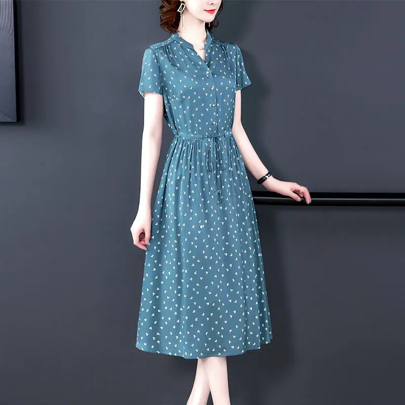 

High Grade Silk Dress Women's 2021 Spring Autumn New V-neck Sashes Fashion Dress