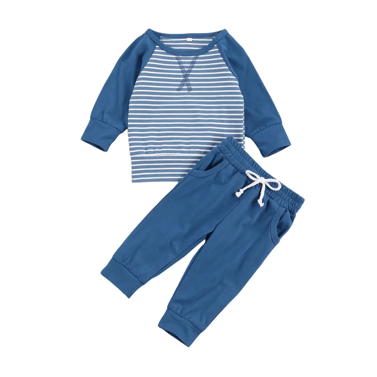 

Baby Long Sleeve Long Pants Suit, Round Collar Pocket Two-pieces Set, Stripe Lace-up Outfit