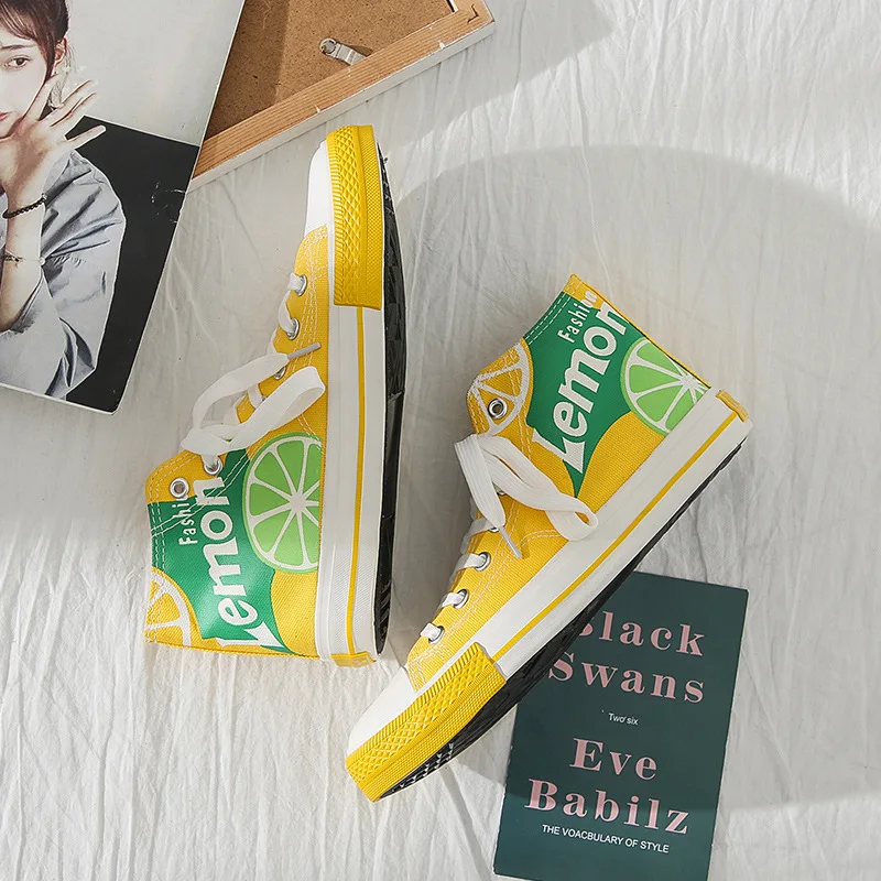 Женские кроссовки с высоким верхом повседневные холщовые спортивные желтого