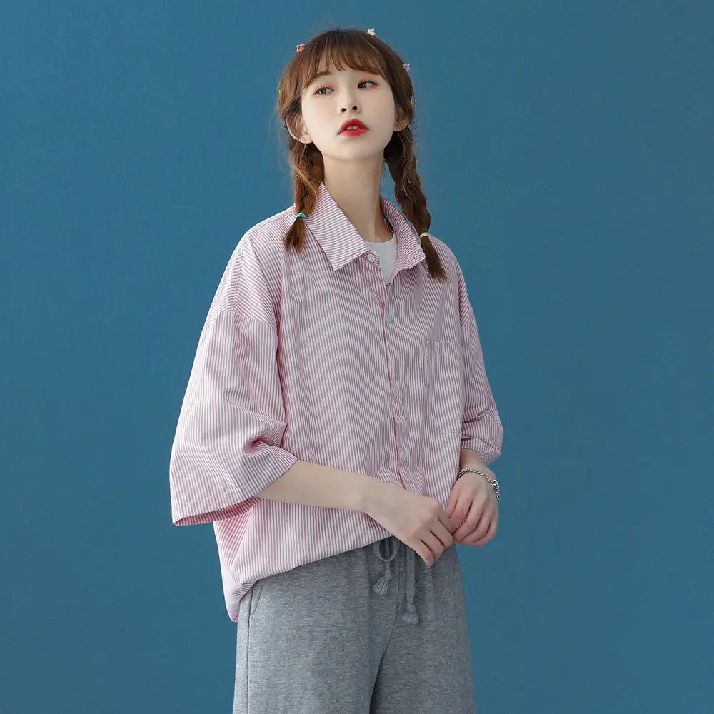

2021 Camisa Masculina летняя новая трендовая свободная полосатая длинная рубашка с коротким рукавом для мужчин и женщин для пары любимый