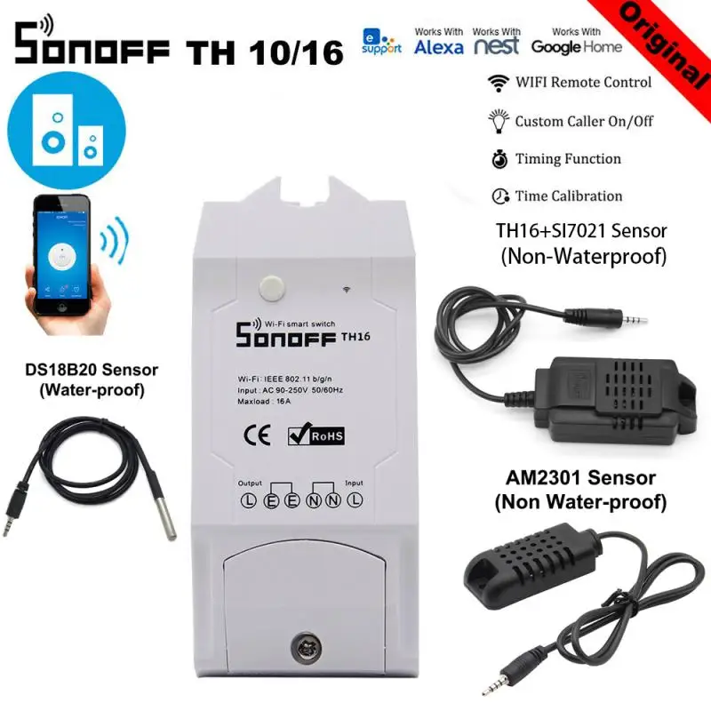 Датчик SONOFF TH16 водонепроницаемый смарт-датчик с Wi-Fi датчиком температуры работает