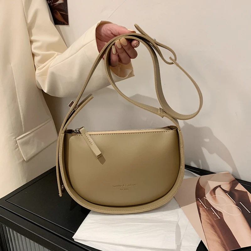 

Spring Trends Semicircle Saddle Crossbody Bags For Women Wide Strap Designer Brand Soft PU Leather Female Shoulder Bags Ins 2021