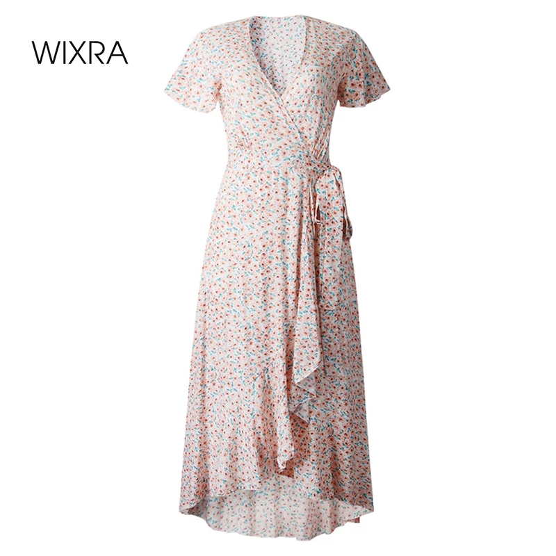 

Wixra Women's Elegant Dress Dot Print Short Sleeve V Neck Ruffles Streetwear Pretty Lace-Up Long Bottons 2020 Summer