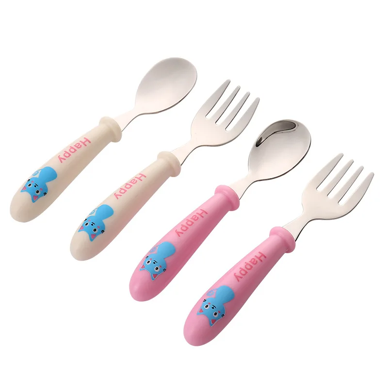 

Stainless steel children's tableware Baby Training spoon fork set carrying case cartoon fork spoon tableware