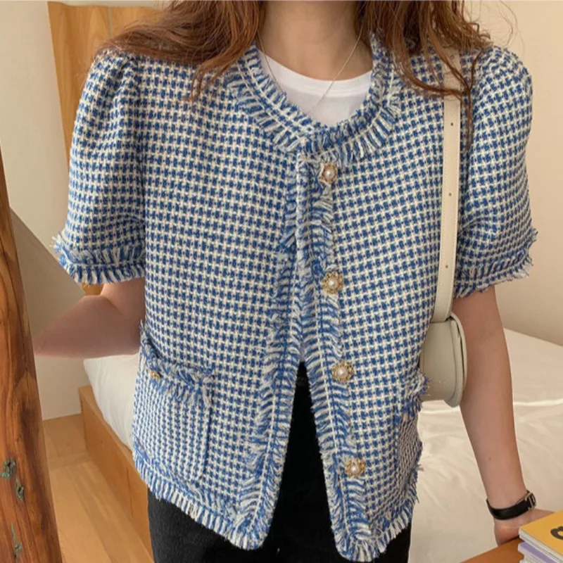 

Casual Small Fragrance Short Woolen Coat Women Short Sleeve Summer Korean Loose Tweed Jacket Coat Female Vintage Chaqueta Mujer