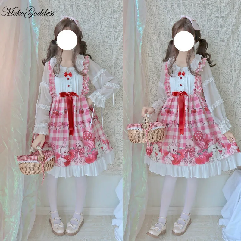 

Kawaii Lolita Strawberry Sleeveless JSK Cute Rabbit Sweet Lolita JSK Dress Girl's Princess Dress