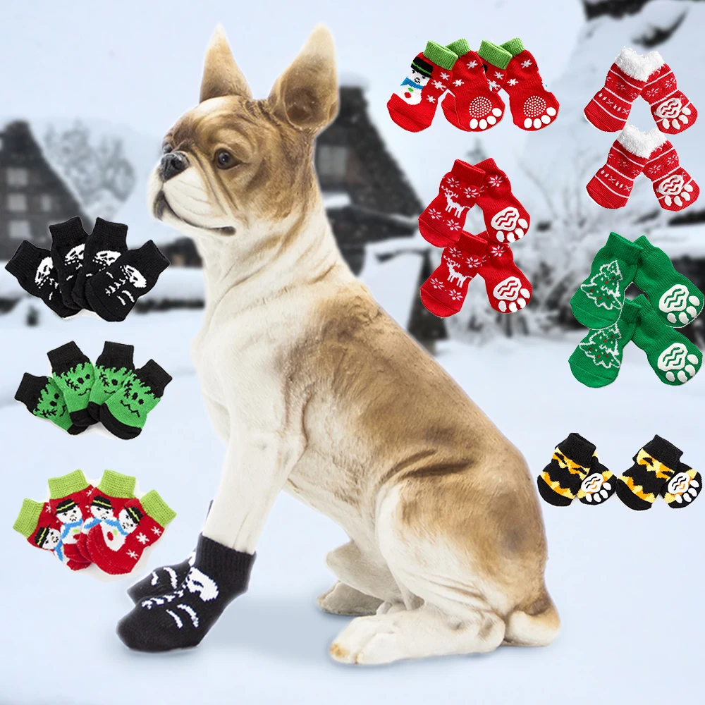 Носки для собак на Хэллоуин Нескользящие теплые носки рождественские домашних