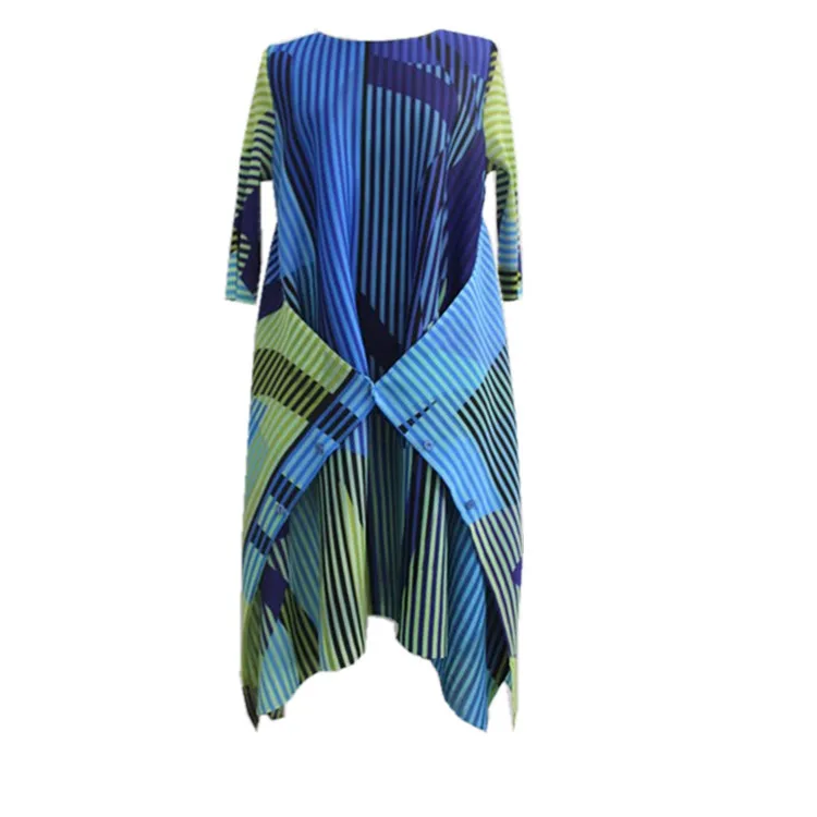 

Pleated Digital Print New Round Neck Mid Sleeve Button Up Irregular Mid Length Dress