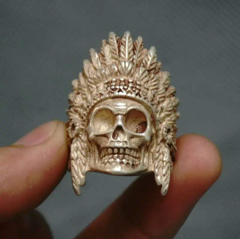 3.5cm ישן סיני כסף אדם שלד מלך גולגולת ראש תכשיטי יד טבעת