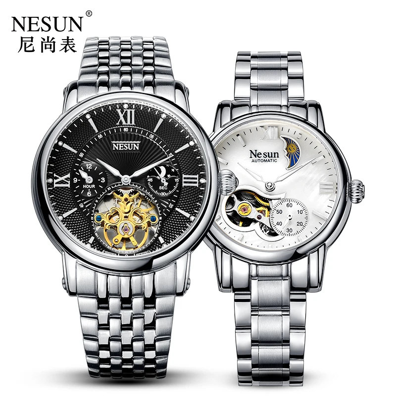 Швейцарские часы Nesun Hollow Tourbillon для мужчин и женщин, роскошные брендовые автоматические механические часы для пар, сапфировые часы N9091L