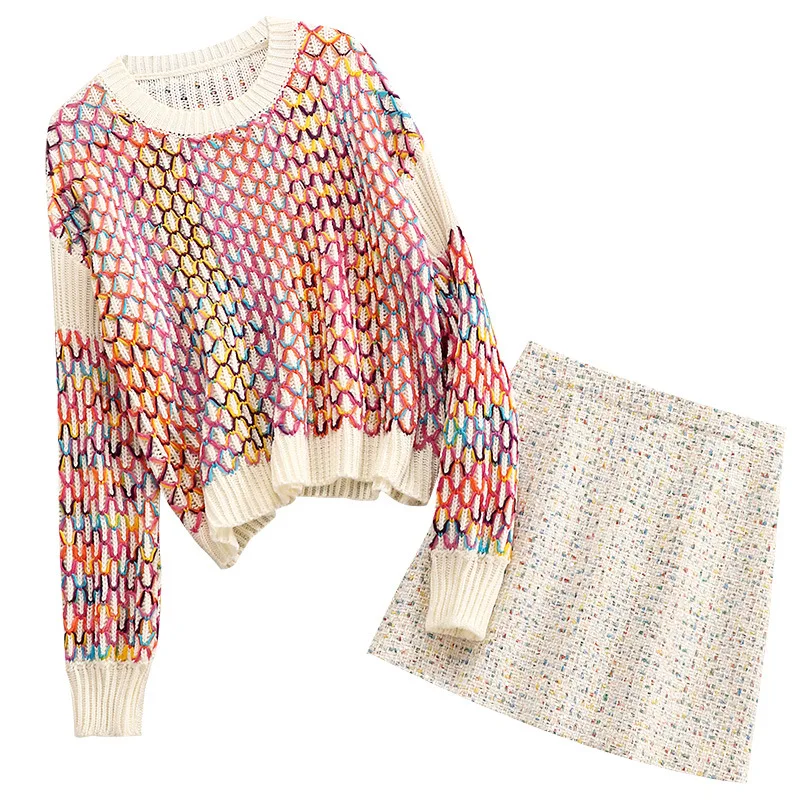 Женский твидовый костюм из двух предметов свободный свитер с круглым вырезом и