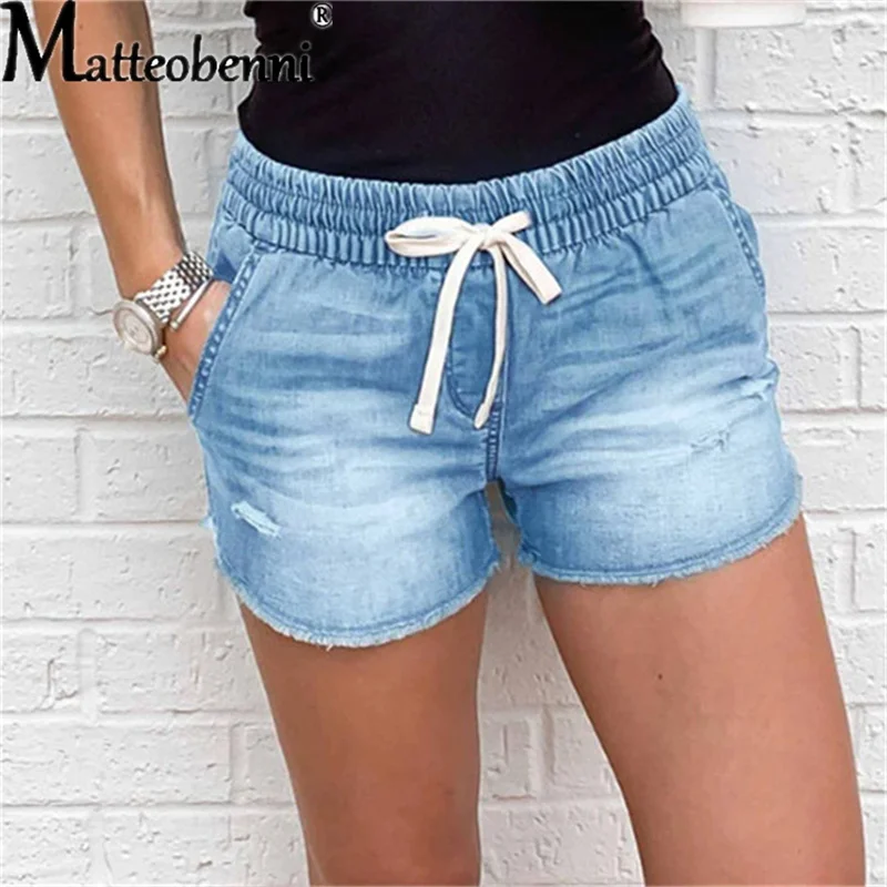 

Women Mid Waist Lace Up Short Jeans Summer Fashion Sexy Ripped Denim Shorts Casual Elastic Waist Vintage Thin Shorts Streetwear