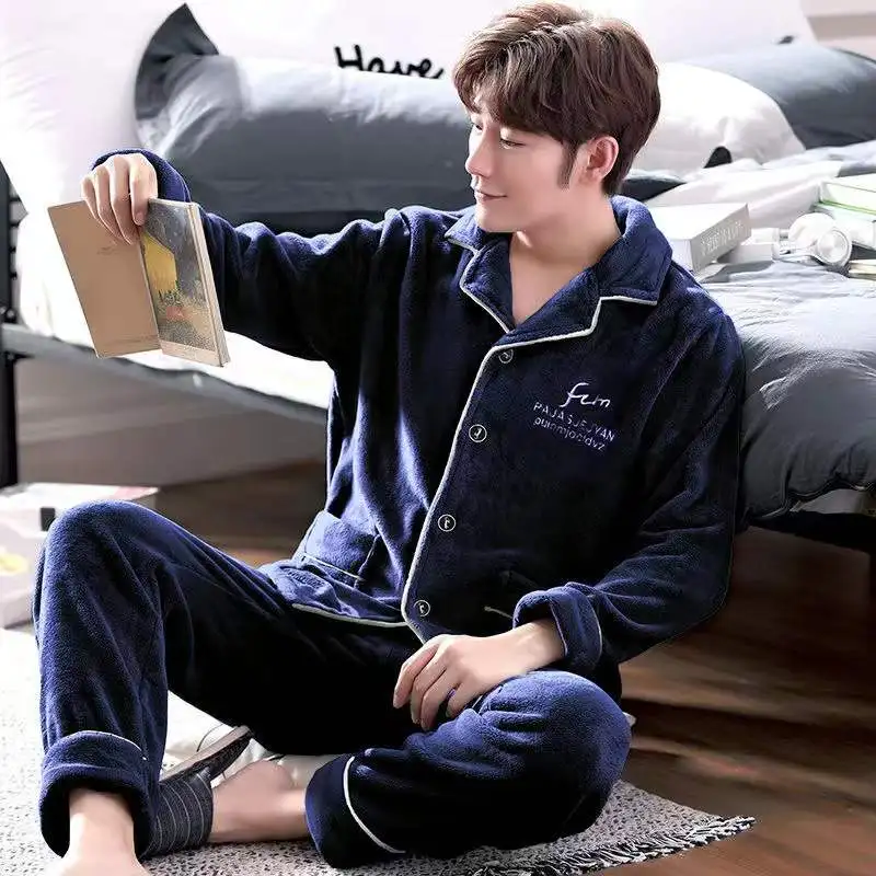 Winter Pajama Set Men's Flannel Thicken Warm Sleepwear L-3XL Pyjamas Long Sleeve Trousers Plus Size Loose Nightgown Male