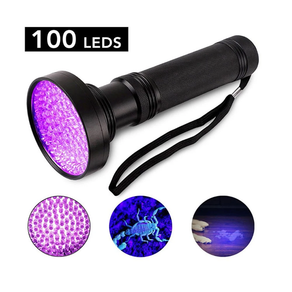 

High quality UV Light 100 LED UV Light 395 LED UV Flashlight torch light lamp safety UV detection 6*AA battery
