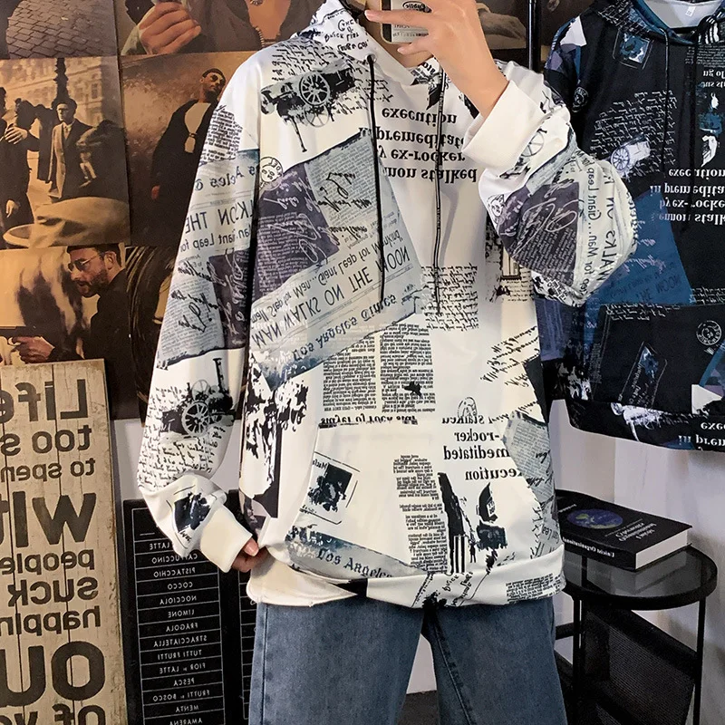 LUCLESAM Мужская корейская мода газета печать толстовка мужская повседневная