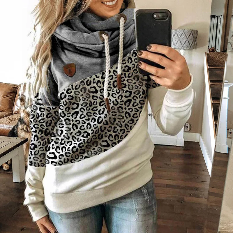 

Gradient Print Patchwork Hooded Sweatshirt Women Turtleneck Long Sleeve Casual Leopard Hoodies Lady Winter Warm Pocket Pullovers