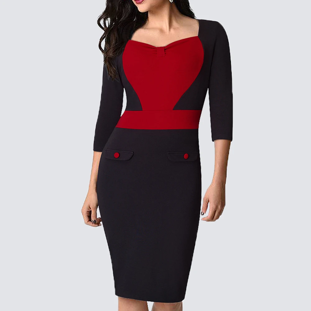 Осеннее женское элегантное офисное платье в стиле пэчворк повседневное