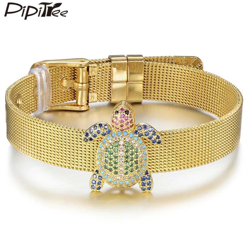 Браслет женский из нержавеющей стали с фианитом в виде морской черепахи|Браслеты