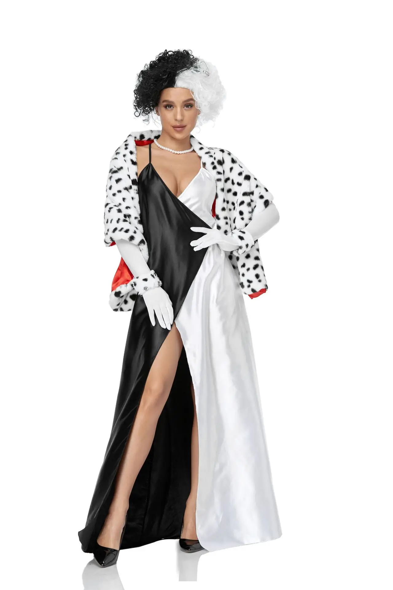 M,XL Cruella De Ville Fancy Dress Ladies Fancy Dress Costume All included Dress+Cape+Gloves+Handband+Wig