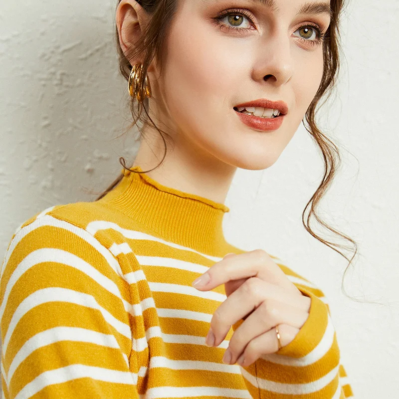 

2020 Latest Spring Autumn Winter Women Female Turtleneck Cotton Knitted Stripe Sweater Pullover Soft Fashion Casual Loose Warm