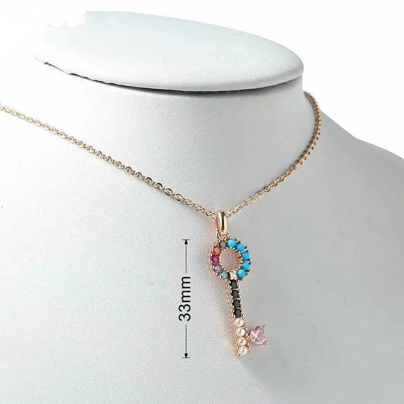 Rose Gold Fashion Women Silver Rose Gold Stainless Steel Color Zircon Crystal Key Heart Pendant Necklace Jewelry - Окраска металла: Rose Gold