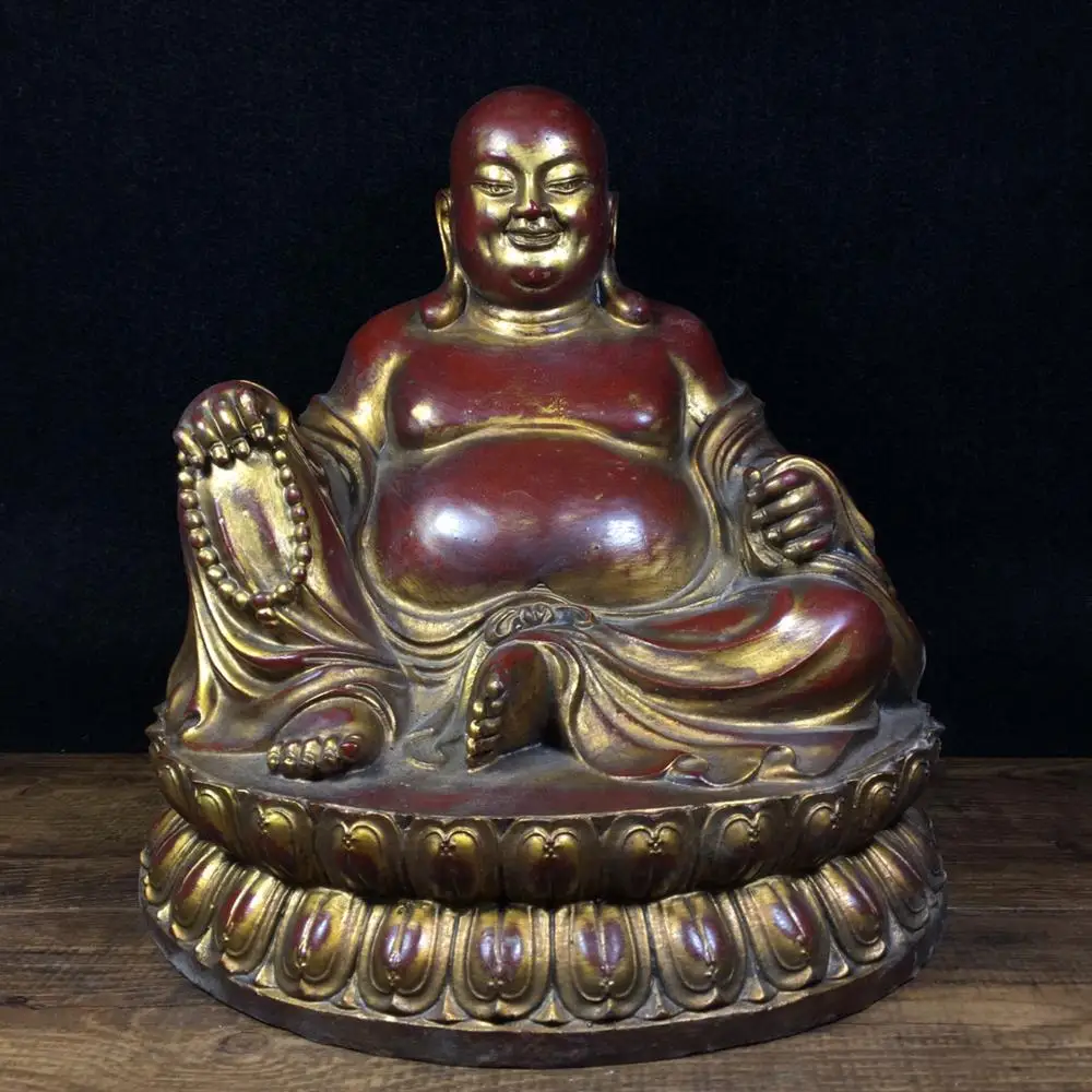 

9"Tibet Buddhism Temple Old Bronze Cinnabars Lacquer Big belly Maitreya Buddha statue Miller Bodhisattva Enshrine the Buddha