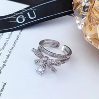 european and american exaggerated bowknot zircon silvery rings for woman korean fashion jewelry girls finger sexy accessories