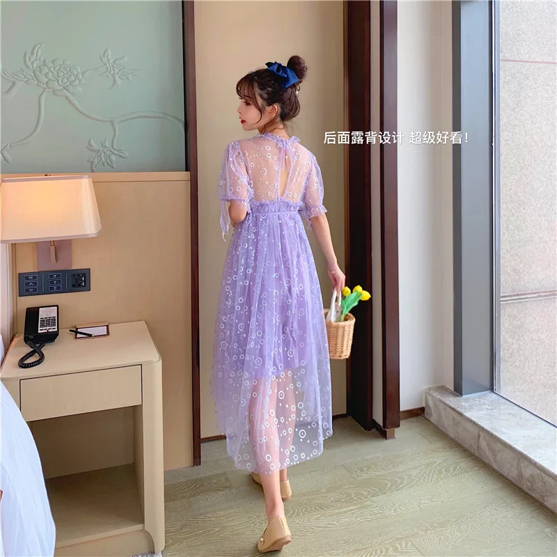 Женское свободное платье с юбкой откровенное сетчатое в корейском стиле круглым