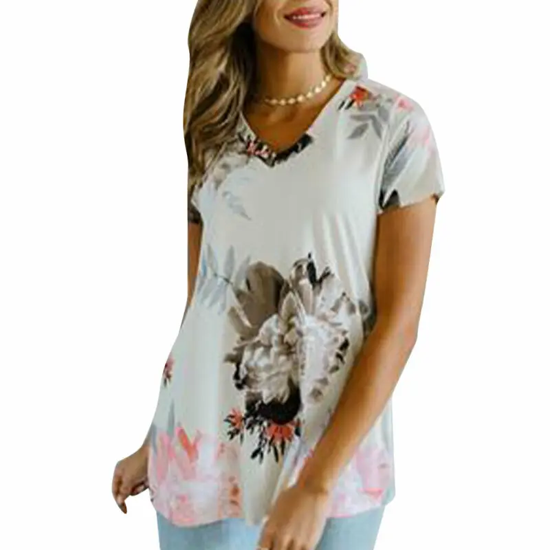 

Футболка женская с цветочным принтом и коротким рукавом, повседневный Свободный Топ с V-образным вырезом, модная праздничная одежда, лето 2021