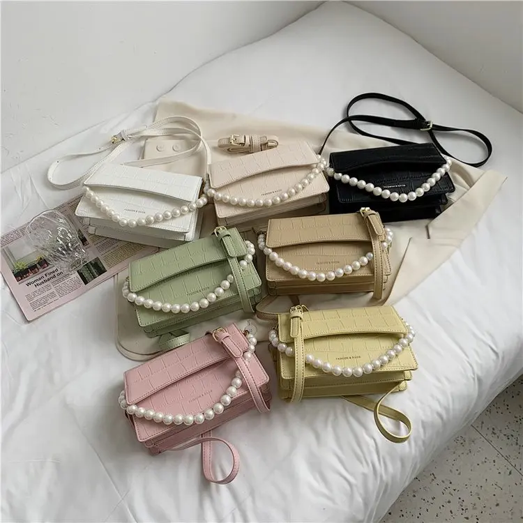 

Pearl Handle Small PU Leather Crossbody Bags For Women 2020 Fashion Solid Color Shoulder Handbags Female Travel Totes