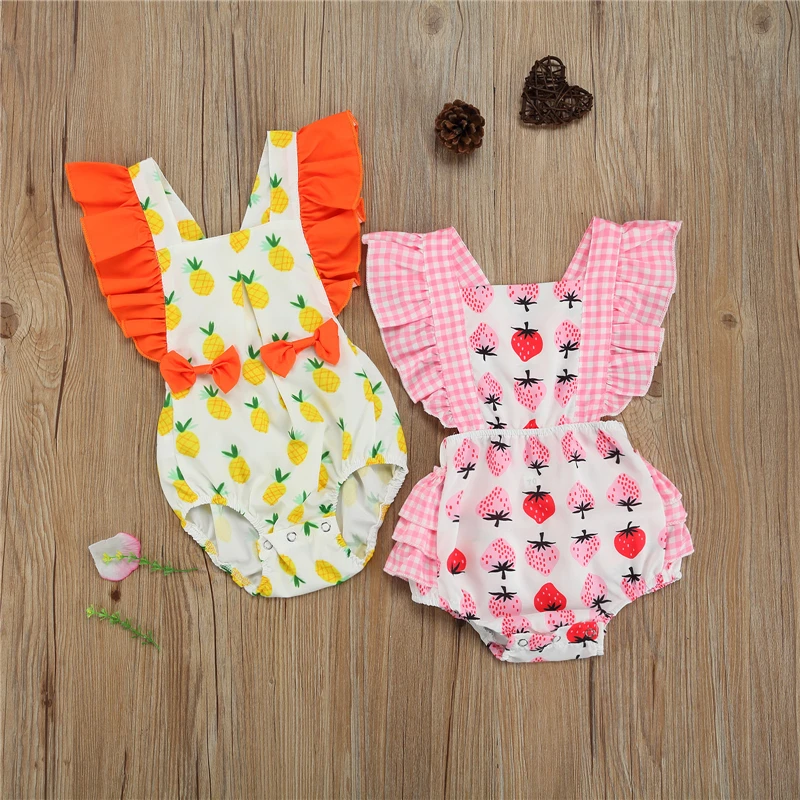 

Cute Baby Girls Bodysuits Sweet Style Infant Summer Creative Strawberry/Pineapple Printing Fly Sleeve Jumpsuit Clothing