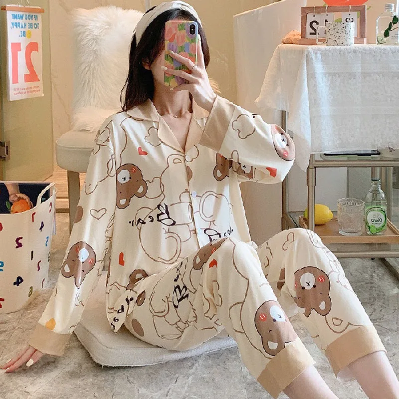 Women's Pajamas Set Long-sleeved Cartoon Cardigan Autumn and Winter Women Home Service Suit Clothes Sleepwear pijama feminino