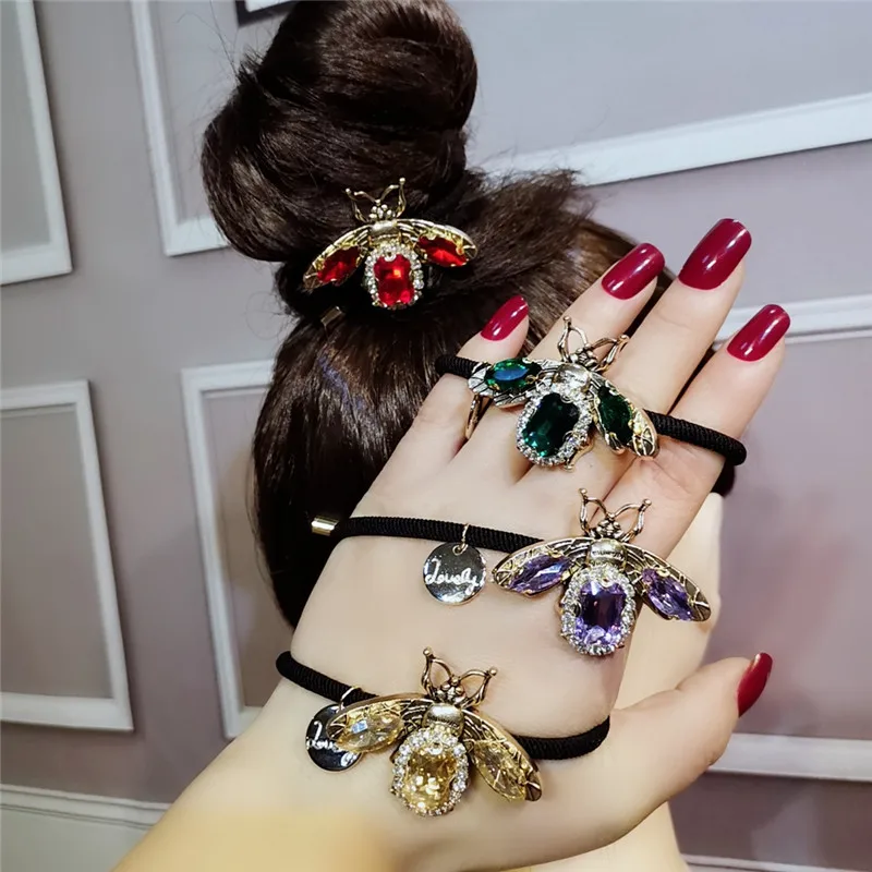 Retro Crystal Bee Elastic Hair Bands Ties Luxury Rhinestone Rubber Bands Ponytail Holder For Women Girls Hair Rope Accessories
