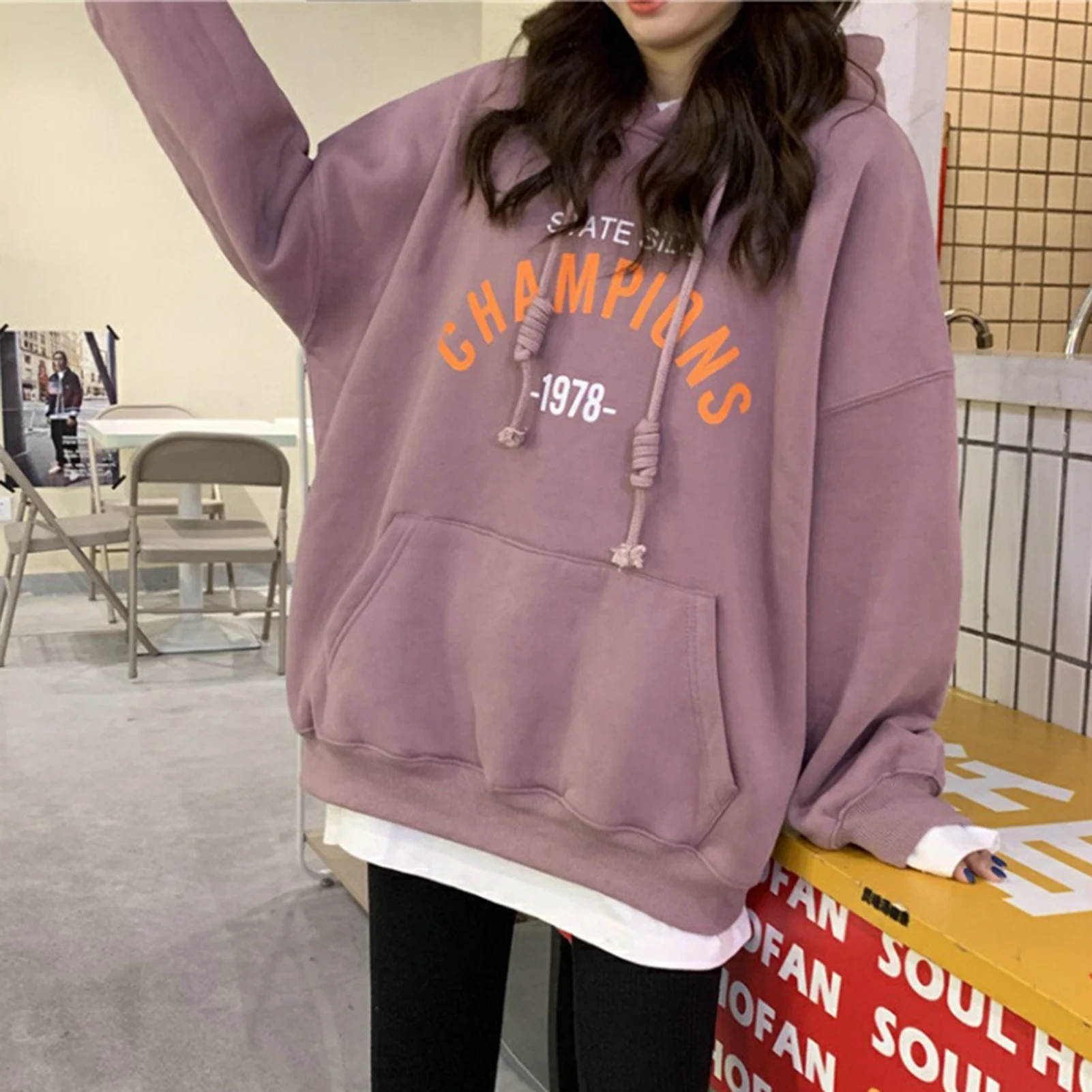 Women Hoodies Casual Plush Loose Letters Print Sweatshirt Long Sleeve Hooded Loose Hoodie 2020 Autumn Female Pullover