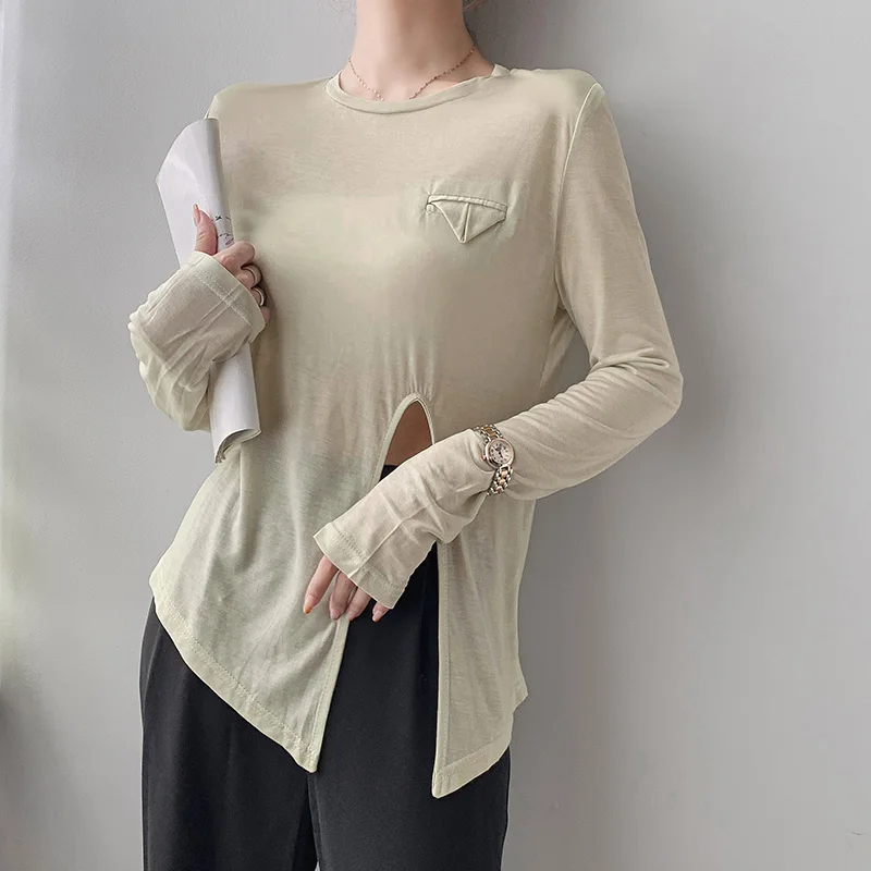 

New Fashion Summer Women Casual O-neck Long Sleeve Slim T-shirts Sunscreen Tshirt Ladies Chic Irregular Slit Tops Streetwear Pop