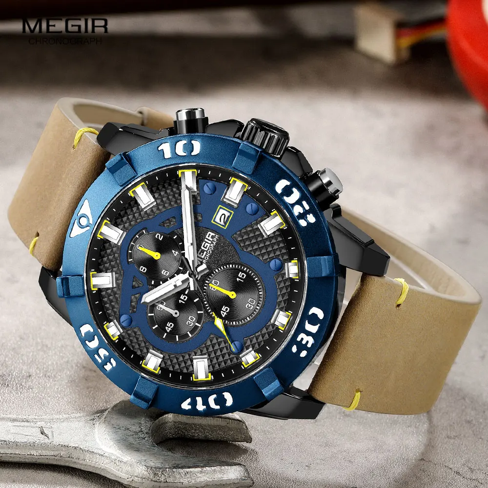 

MEGIR Watches Men Fashion Leather Strap Chronograph Quartz Watch for Man Military Sport Waterproof Wristwatch Relogio Час Reloj