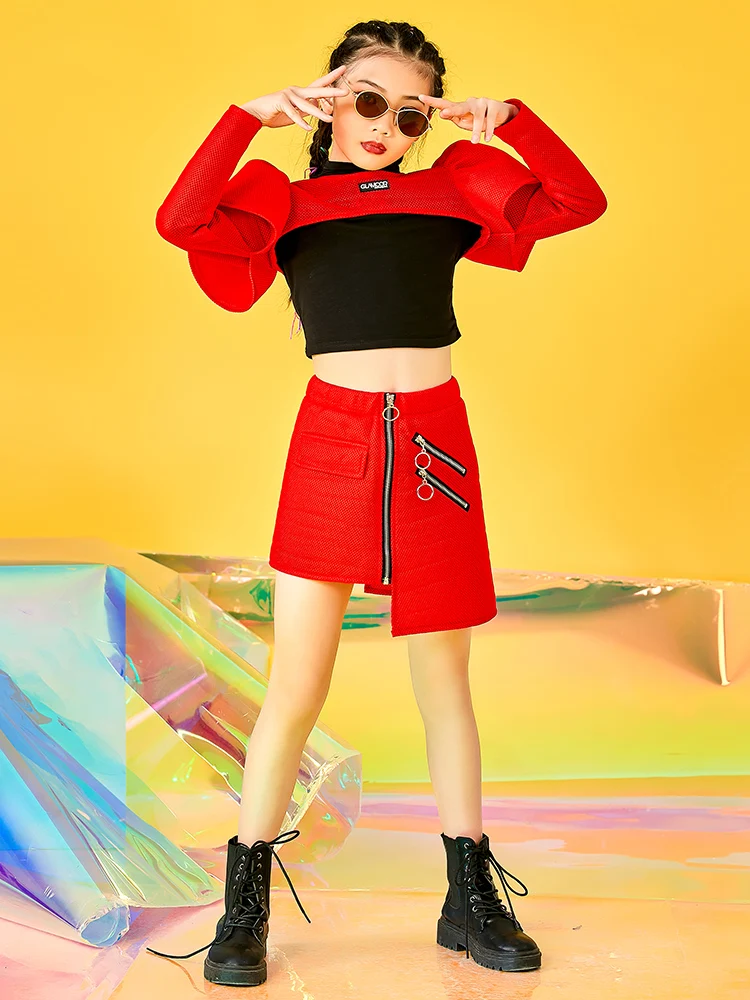 

2021 Girls Red Outfits Modern Dance Hip Hop Clothing For Kids Children Jazz Performance Costumes Rave Clothes Stage Wear DQS6677